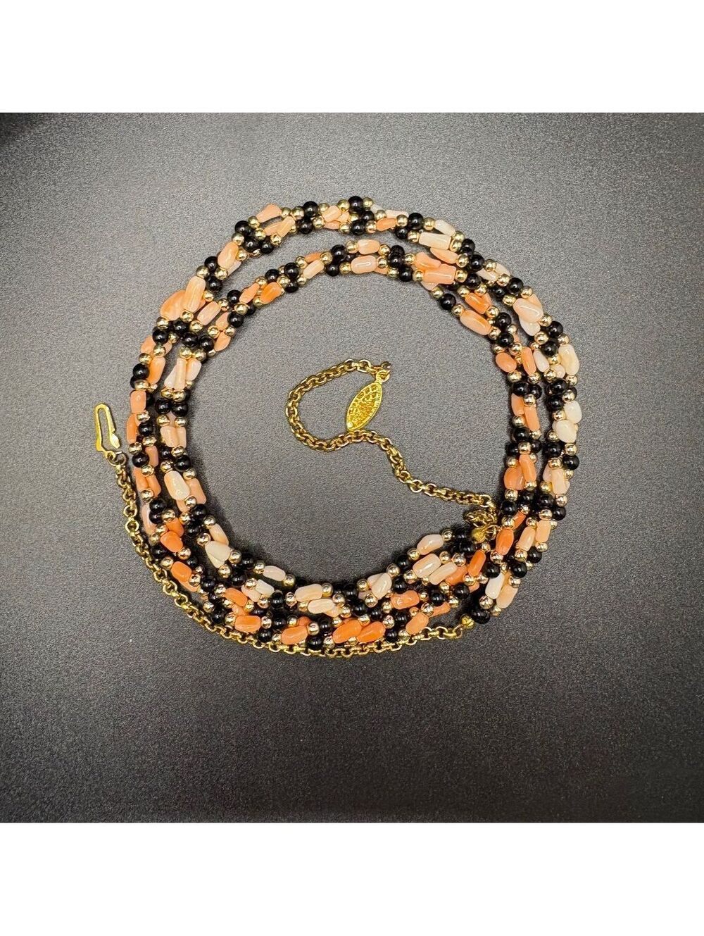 Vintage Angel Skin Coral & Black Glass Bead Necklace